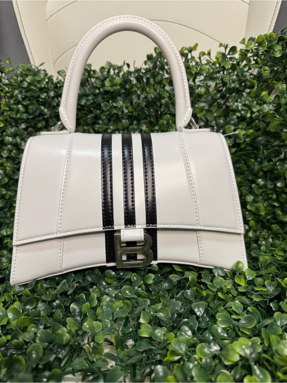 Balenciaga White Top-Handle hour glass bag with Black Stripe Accents